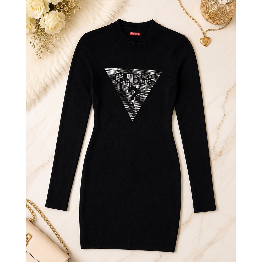 Guess Sweater Dress Womens Medium Black Excellent Rhinestone Logo Long Sleeve